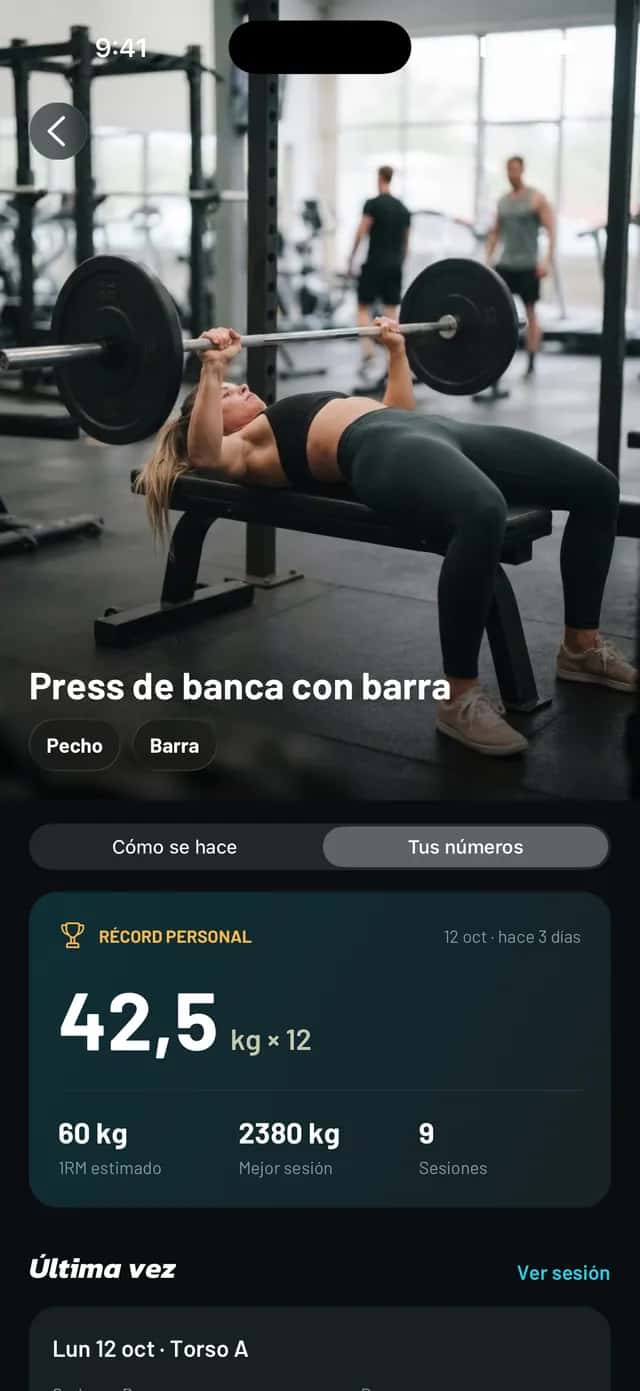 Detalle de un ejercicio en Mobbe, con foto, músculos y el récord personal