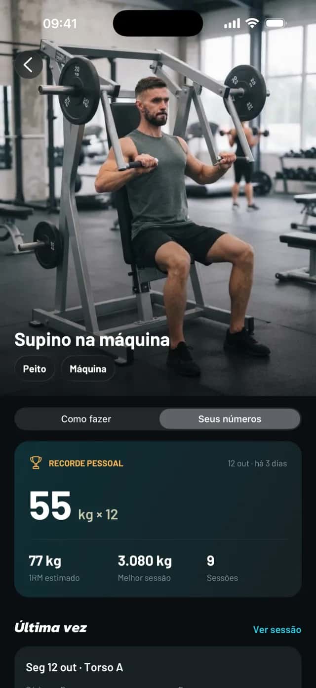 Detalhe de um exercício no Mobbe, com foto, músculos e o recorde pessoal