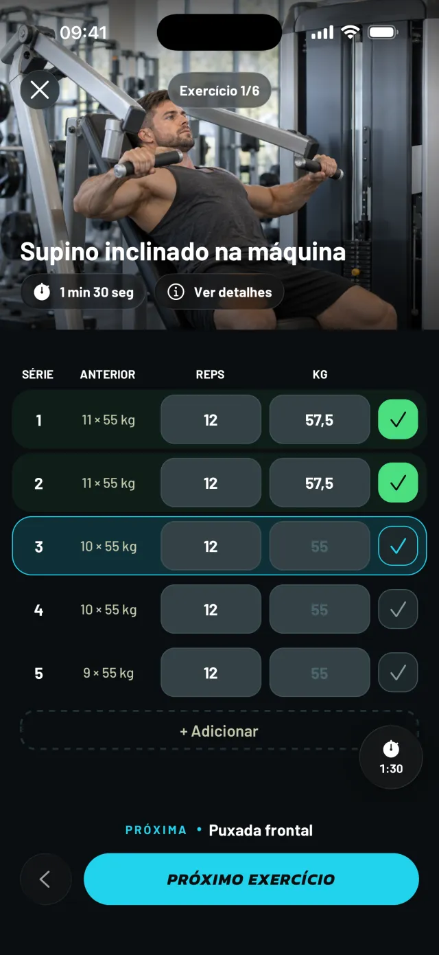 Treino em andamento com as séries registradas