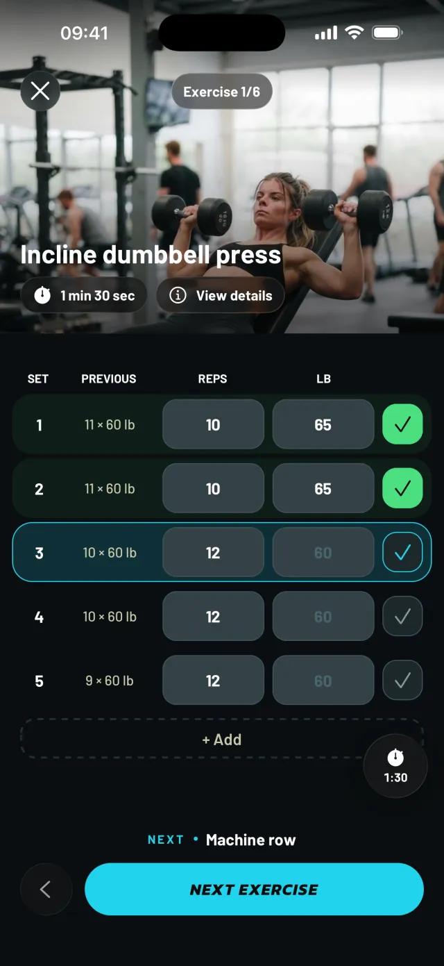 Workout in progress in Mobbe with the sets checked off