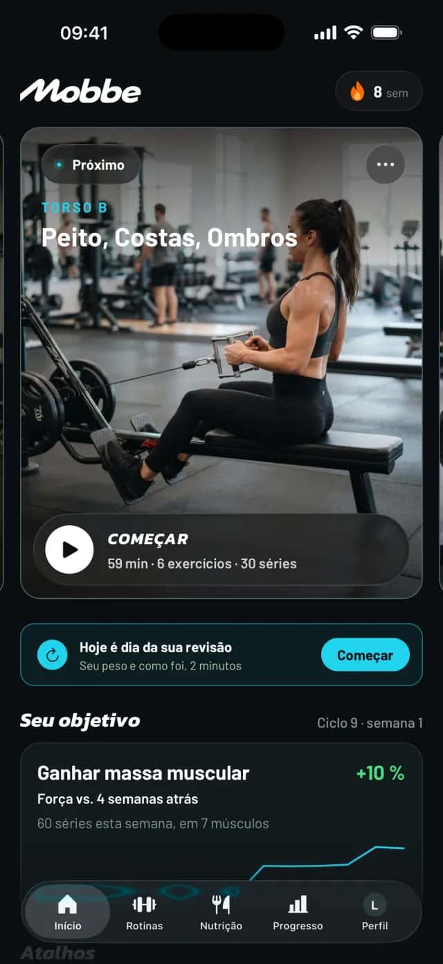 Início do Mobbe com o dia Torso B de peito, costas e ombros e o objetivo Ganhar massa muscular