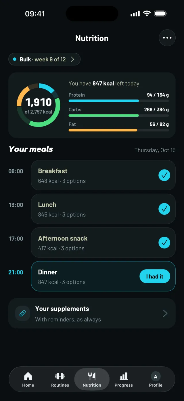Nutrition in Mobbe: the day's calories and macros next to your meals