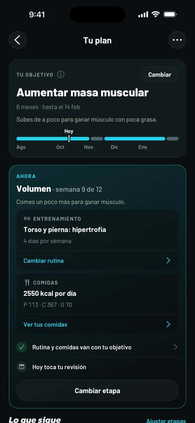 Tu plan en Mobbe: objetivo, rutina y comidas con calorías y macros