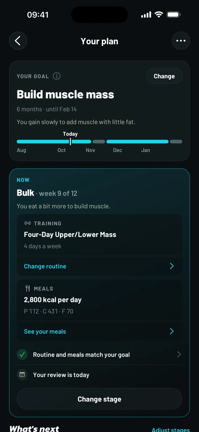 Your plan in Mobbe: goal, routine and meals with calories and macros