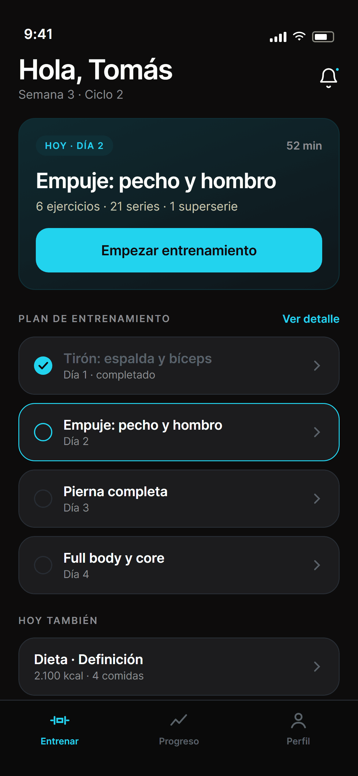 Pantalla Entrenar de la app Mobbe