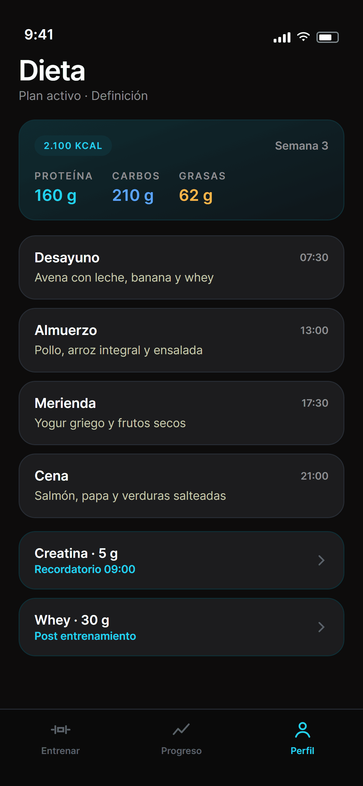 Pantalla Nutrición de la app Mobbe