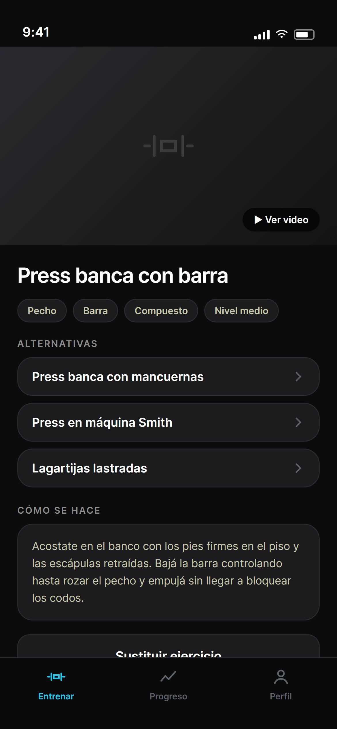 Pantalla Ejercicios de la app Mobbe