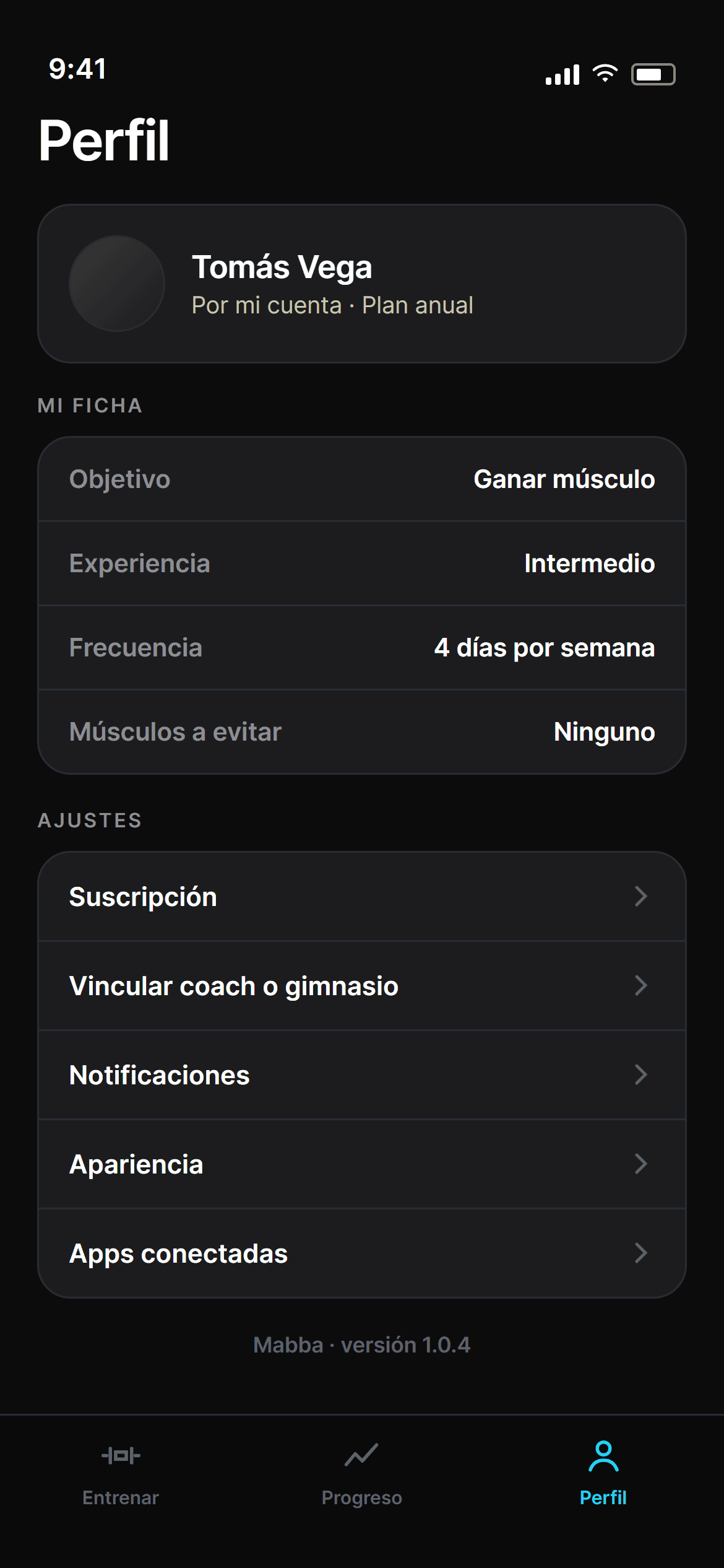 Pantalla Perfil de la app Mobbe